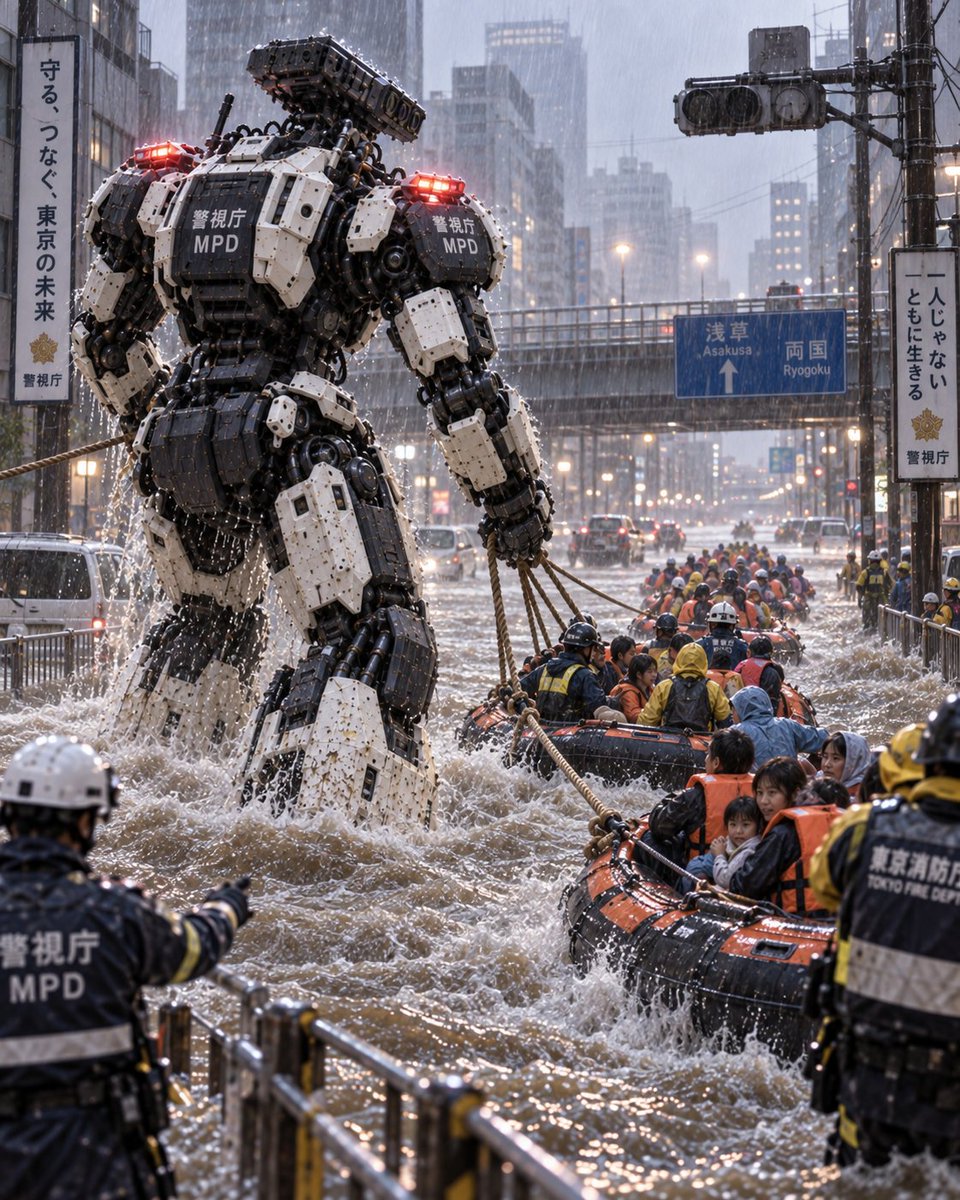{argument name="unit name" default="Metropolitan Police Heavy Equipment Robot Unit"}. Rescuing evacuees by to… - AI提示词参考图，来自西西提示词