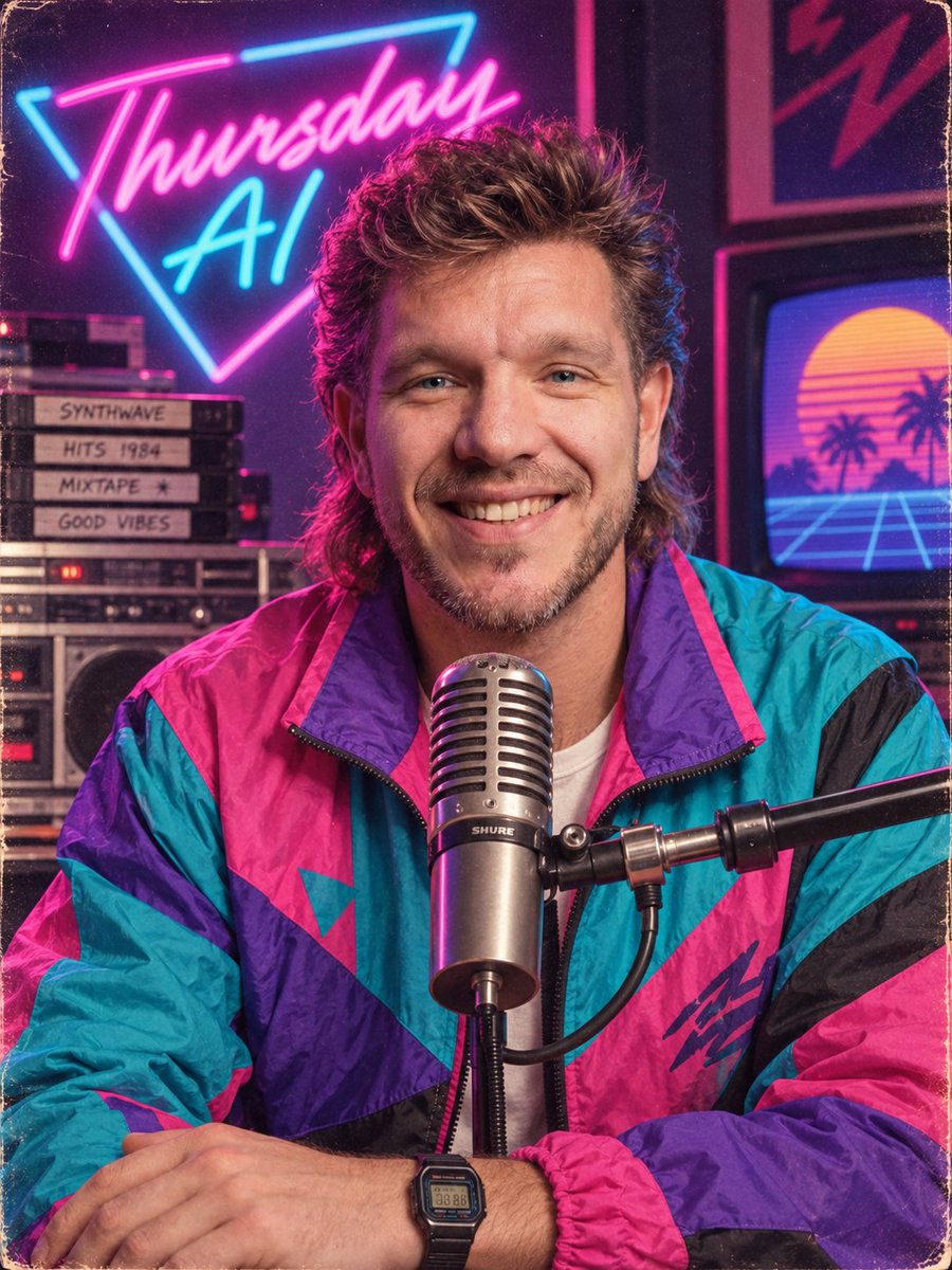 Create a photorealistic retro 1980s synthwave podcast portrait of a smiling {argument name="host description"… - AI提示词参考图，来自西西提示词