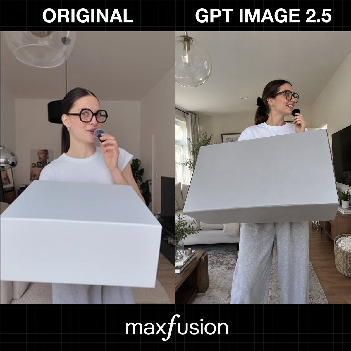 Goal: Create a square social-media comparison graphic showing a photo recreation quality test, with two side-… - AI提示词参考图，来自西西提示词