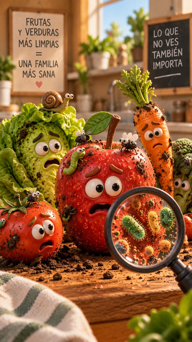 Create a vertical 9:16 cinematic 3D animated-style scene in a warm sunlit kitchen about dirty produce and inv… - AI提示词参考图，来自西西提示词