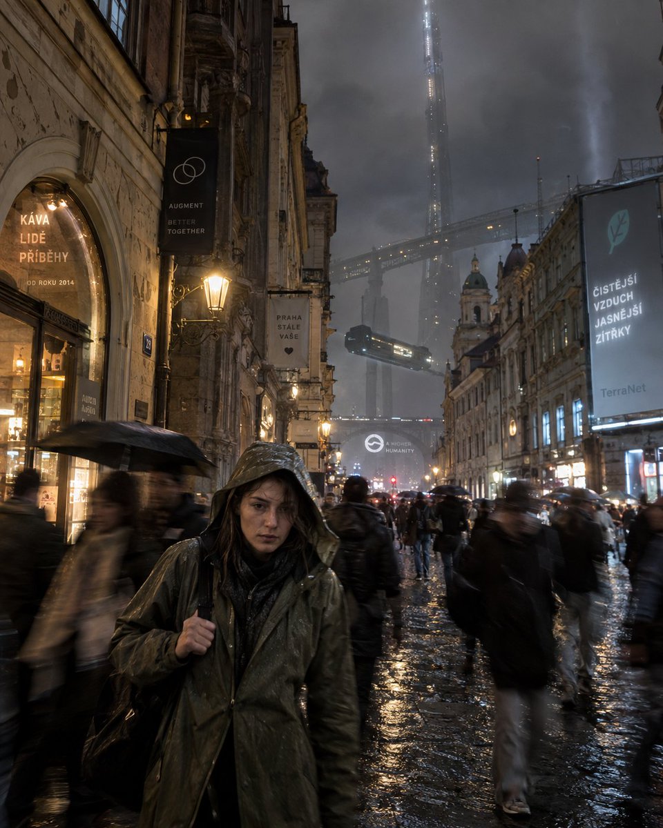 Create a cinematic photorealistic vertical street photograph in a rainy near-future European old town, set in… - AI提示词参考图，来自西西提示词