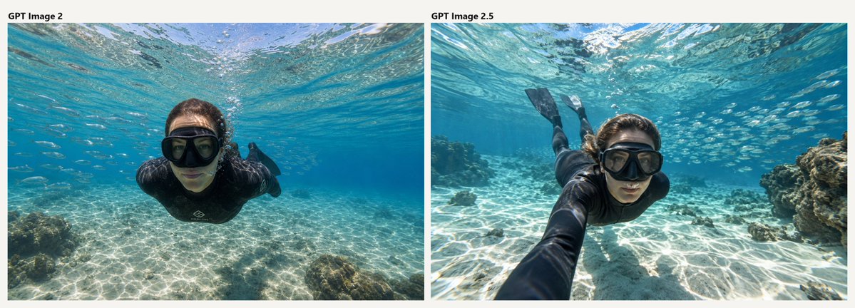 Goal: Create a wide side-by-side comparison image showing two underwater snorkeling photos of the same scene,… - AI提示词参考图，来自西西提示词