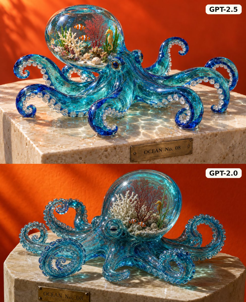Goal: Create a square split-screen comparison image showing two photorealistic glass octopus sculptures, one … - AI提示词参考图，来自西西提示词