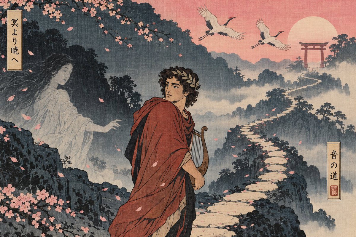 Create a wide horizontal ukiyo-e inspired mythic landscape illustration in aged woodblock print style, with v… - AI提示词参考图，来自西西提示词