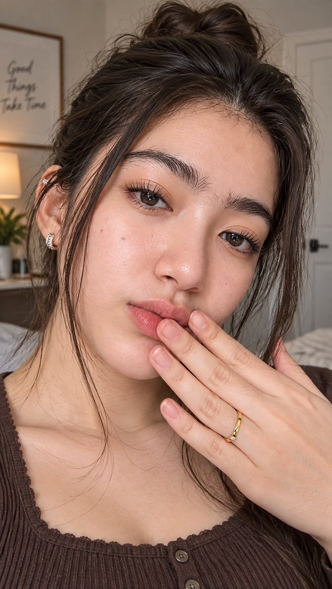 Create an ultra-realistic vertical smartphone selfie portrait of a young woman in a cozy bedroom, photographe… - AI提示词参考图，来自西西提示词