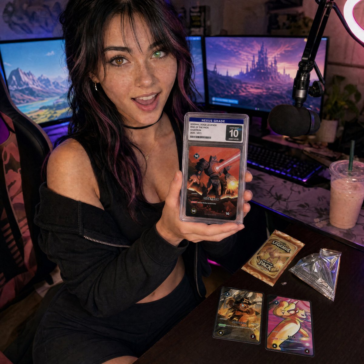 Create a photorealistic square social-media product shot of a young female streamer in a cozy gaming setup, s… - AI提示词参考图，来自西西提示词