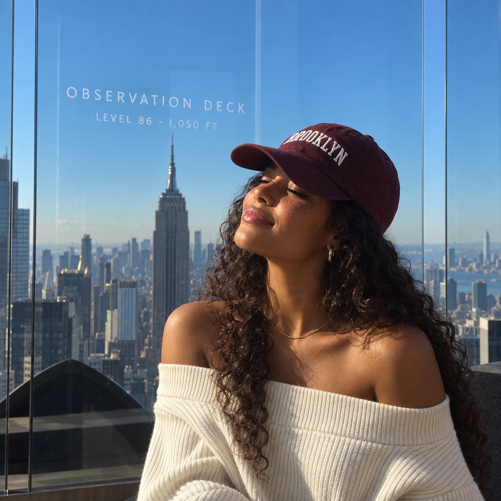 Create an ultra-realistic square travel portrait of a young woman on a high-rise New York City observation de… - AI提示词参考图，来自西西提示词