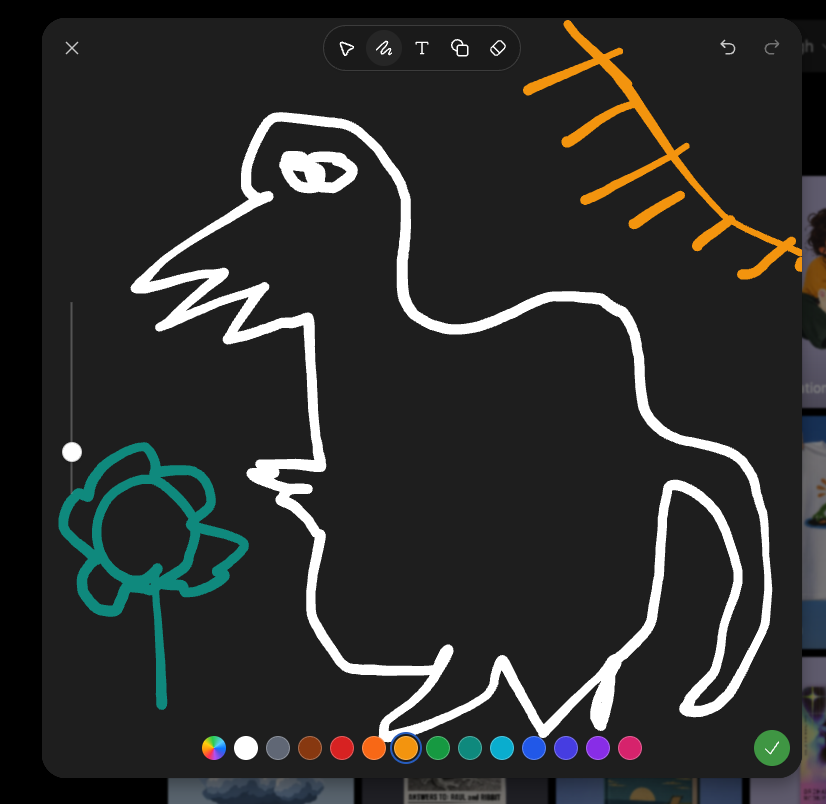 Goal: Create a screenshot-like image of a dark sketch/drawing mode interface showing a deliberately crude dig… - AI提示词参考图，来自西西提示词
