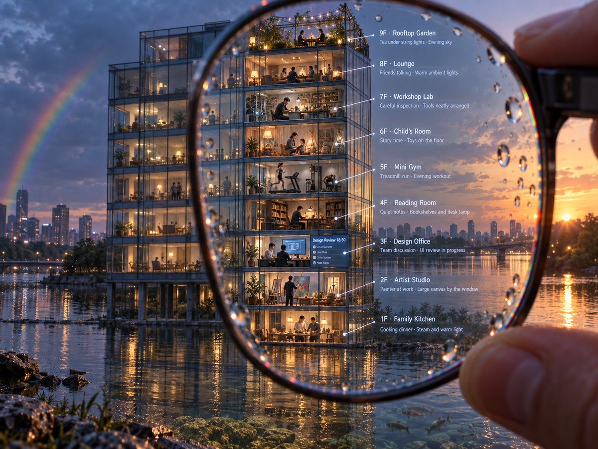 Goal: Create a cinematic photorealistic architectural cutaway scene of a glass apartment building viewed thro… - AI提示词参考图，来自西西提示词