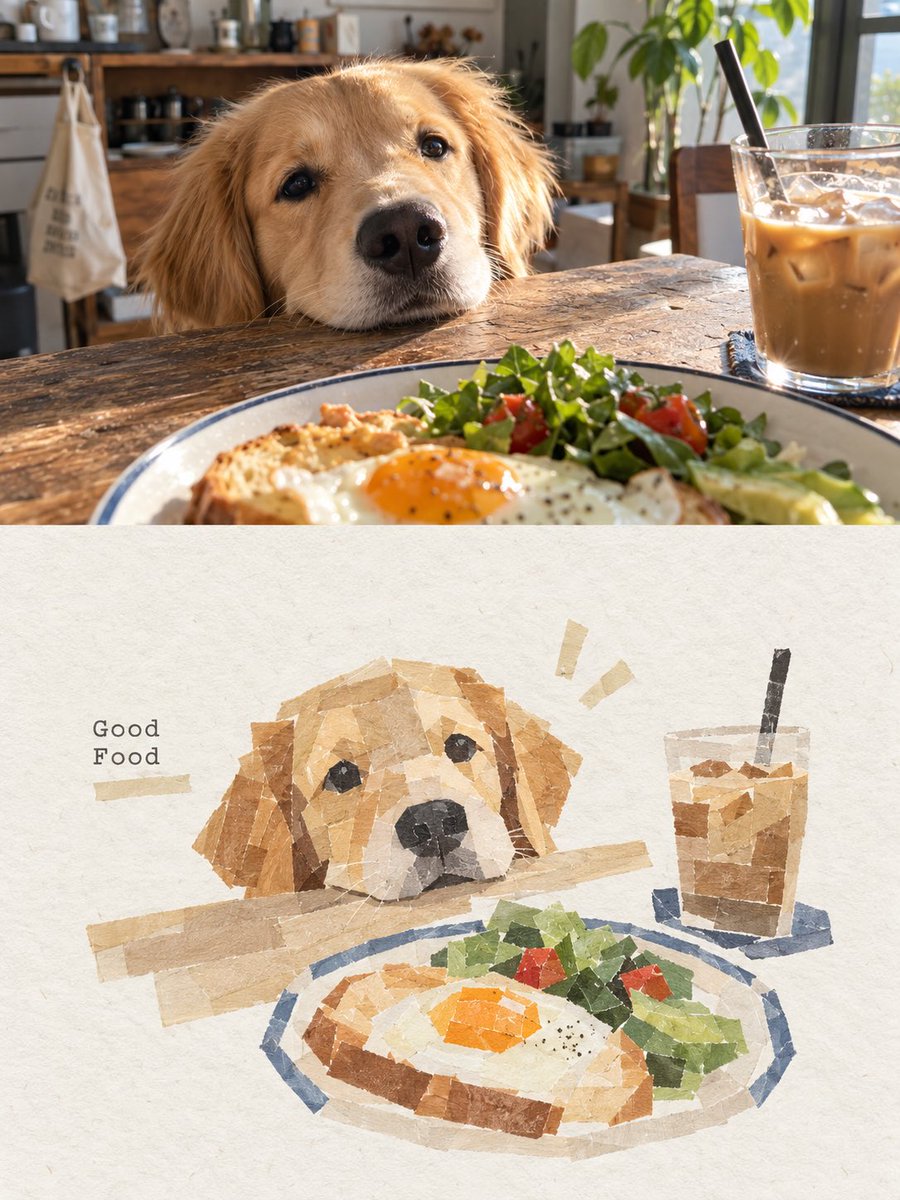 Create a 3:4 vertical scrapbook washi-tape collage artwork from a cozy café breakfast scene. Canvas: split th… - AI提示词参考图，来自西西提示词