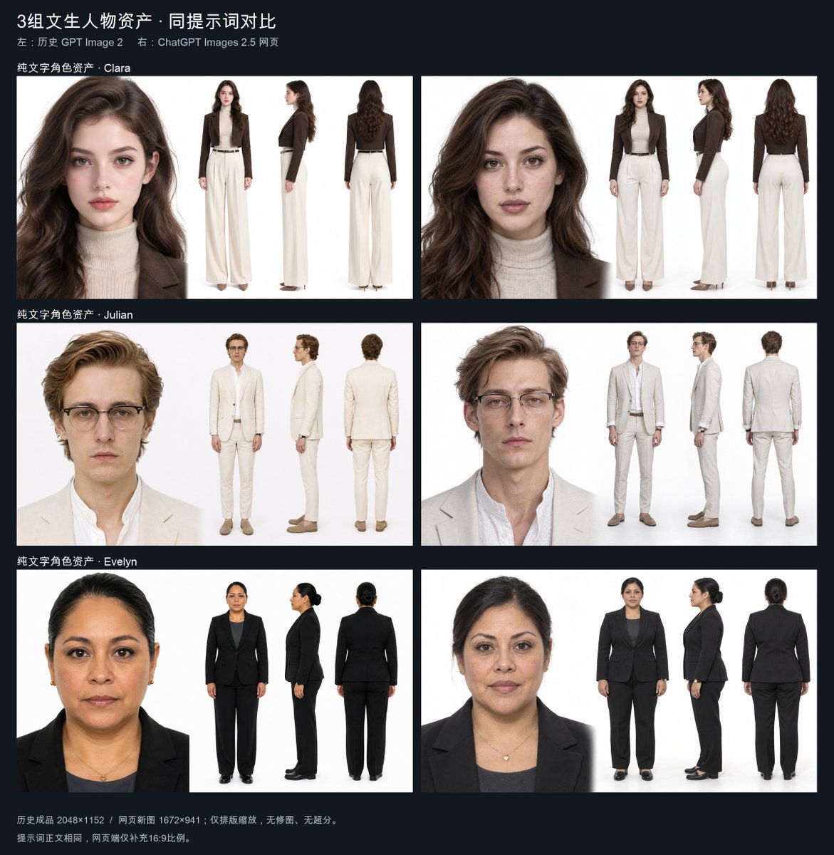 Goal: Create a dark-background comparison board showing character asset sheets for three office-dressed peopl… - AI提示词参考图,来自西西提示词