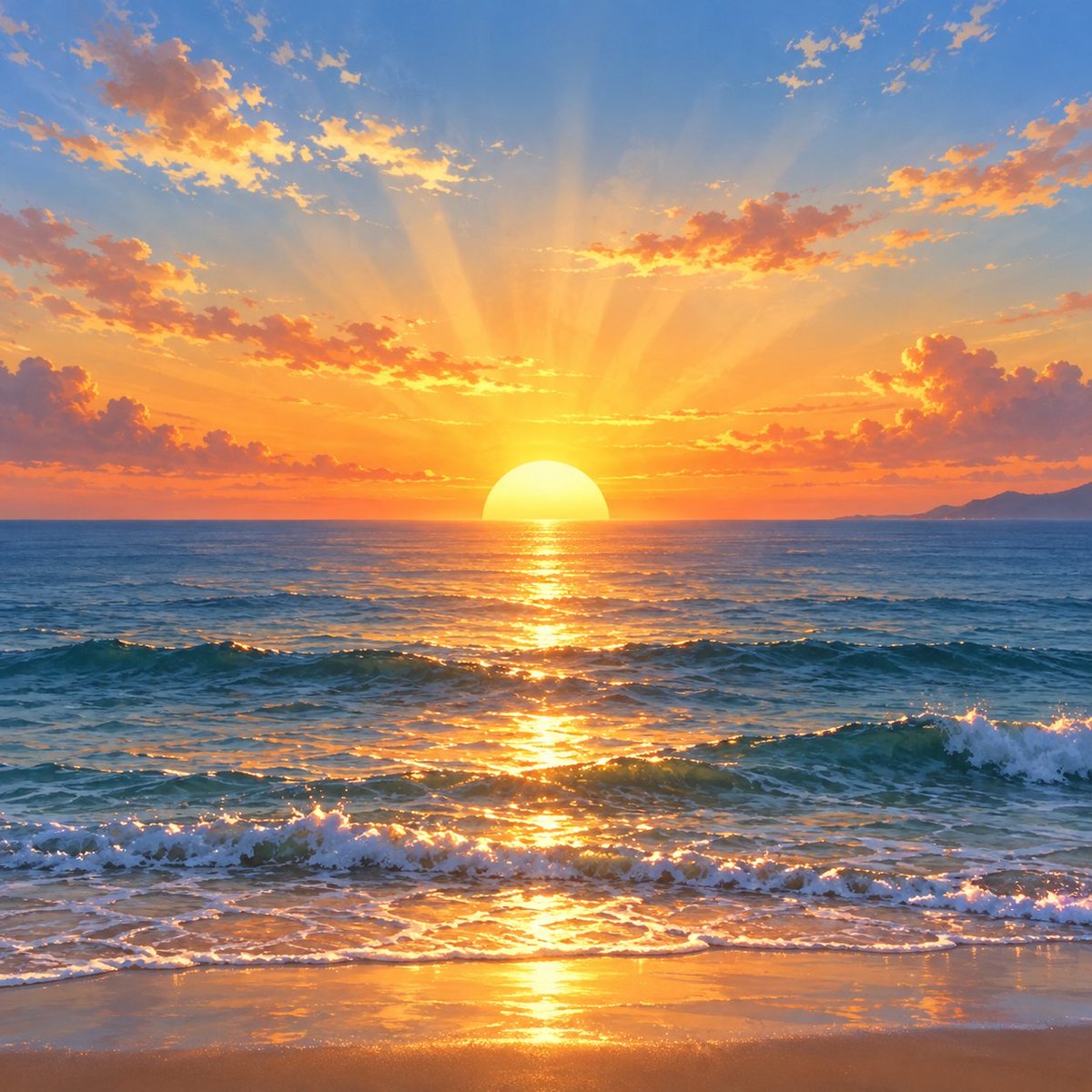 Create a luminous square seascape illustration of a {argument name="time of day" default="sunset"} over the o… - AI提示词参考图，来自西西提示词