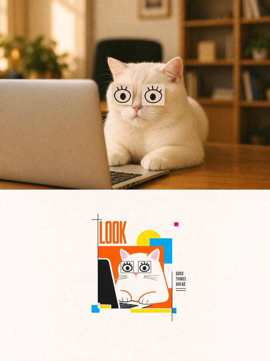 Goal: Create a vertical two-panel design that transforms a cozy realistic cat photo into a minimalist geometr… - AI提示词参考图,来自西西提示词