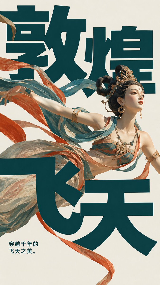 Goal: Create a vertical museum-style fashion poster inspired by Dunhuang flying apsaras, combining a realisti… - AI提示词参考图，来自西西提示词