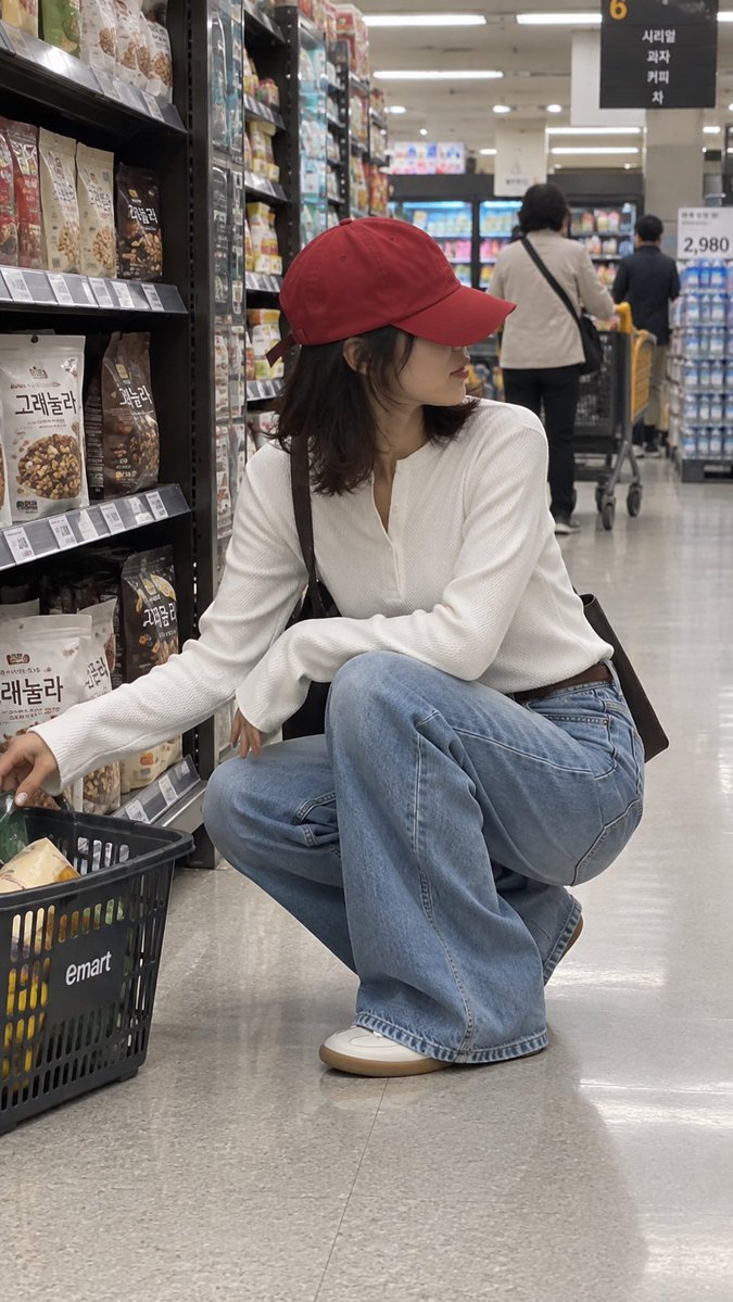 Create a realistic vertical smartphone photo of a candid grocery-store shopping moment in a Korean supermarke… - AI提示词参考图，来自西西提示词