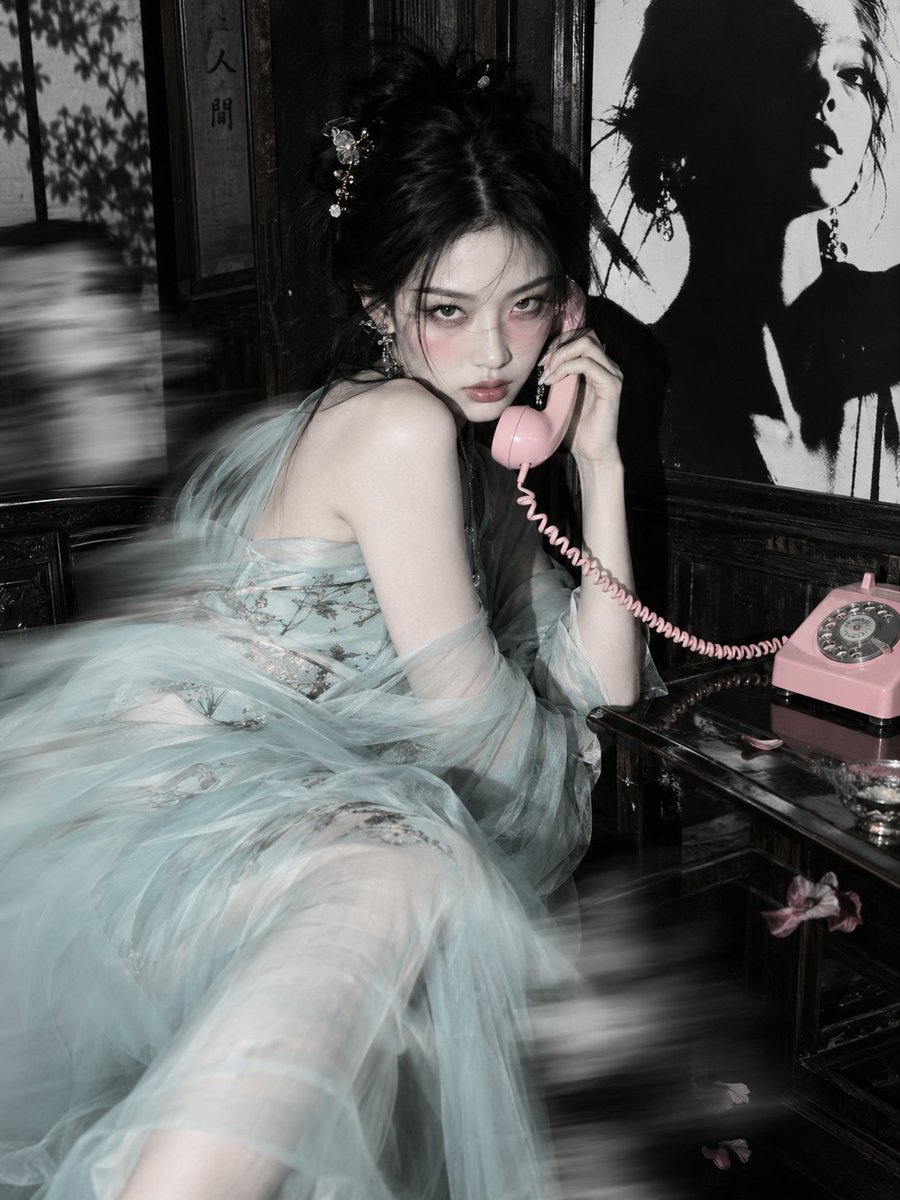 Create a cinematic fashion studio photograph of a pale young East Asian woman posed in an antique dark-wood i… - AI提示词参考图，来自西西提示词