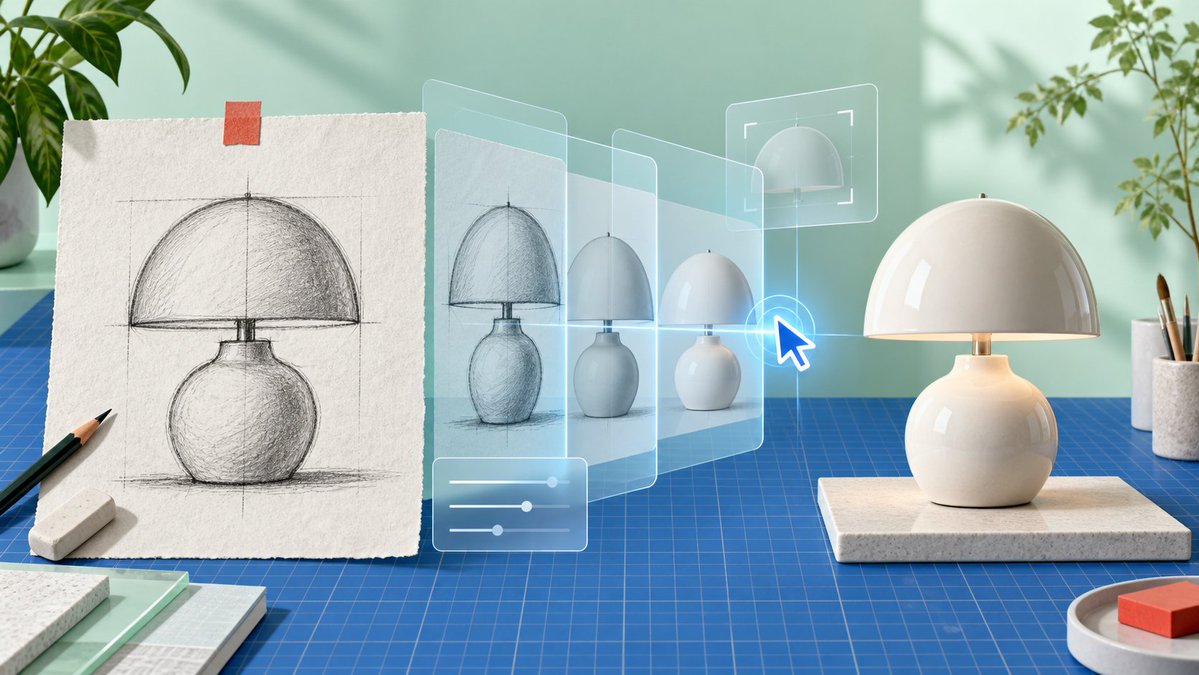 Create a clean, photorealistic product-design workspace scene showing an AI-assisted transformation from sket… - AI提示词参考图，来自西西提示词