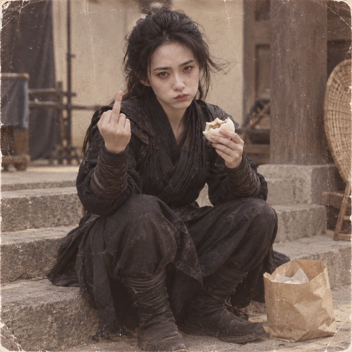 Create a square, retro behind-the-scenes film still of {argument name="character name" default="a young East … - AI提示词参考图，来自西西提示词
