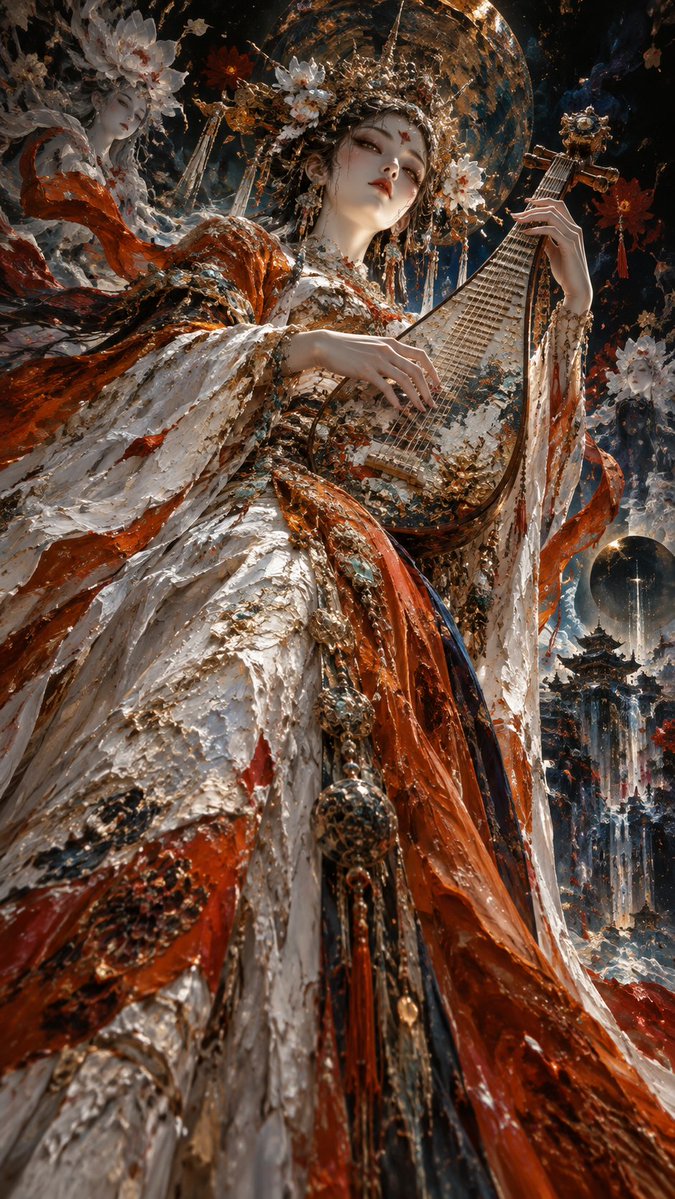 Create a vertical 9:16 cinematic fantasy portrait of an ethereal ancient Chinese goddess musician, {argument … - AI提示词参考图，来自西西提示词