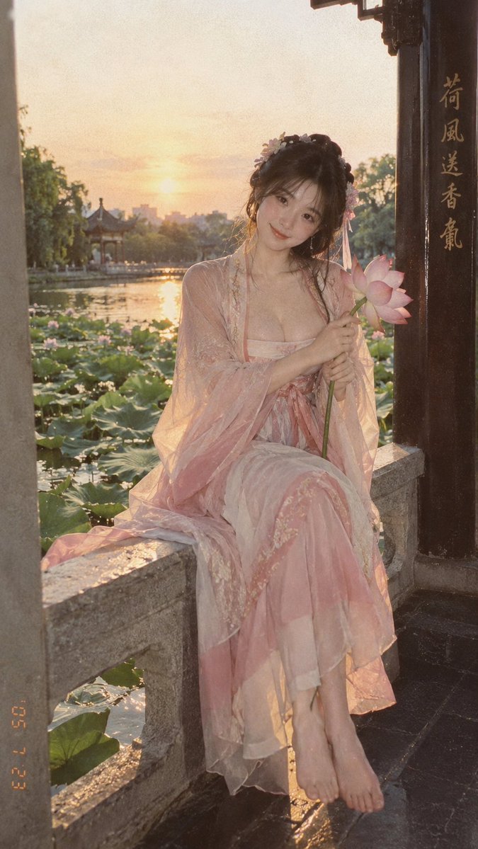 Create a vertical cinematic portrait photo of a young East Asian woman in a romantic ancient Chinese hanfu st… - AI提示词参考图，来自西西提示词