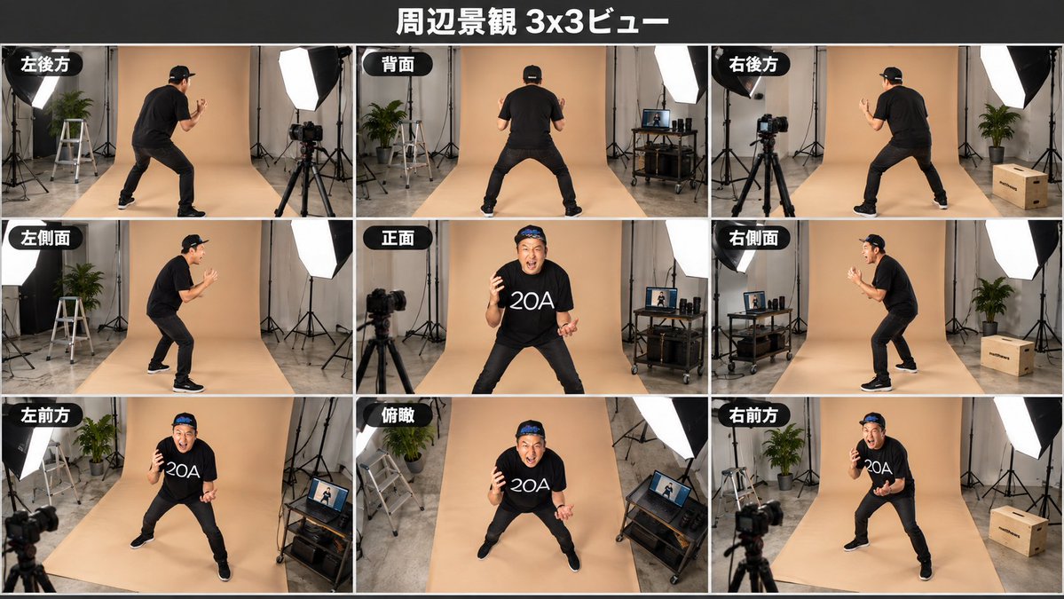 Using REFERENCE_0 as the character base, generate a 16:9 surrounding-environment 3x3 view sheet that keeps th… - AI提示词参考图，来自西西提示词