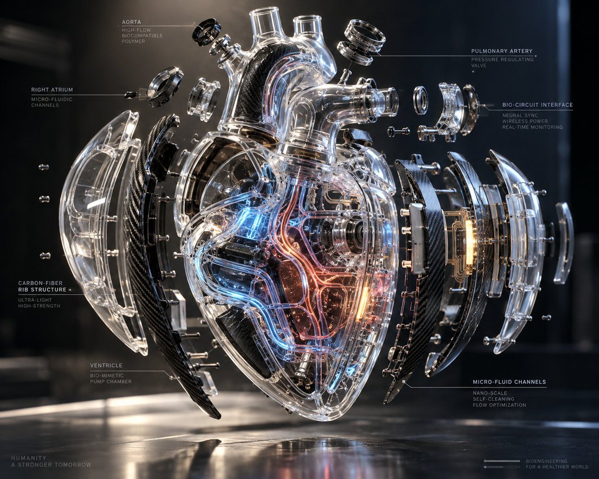 Goal: Create a hyper-realistic futuristic medical engineering visualization of an exploded transparent artifi… - AI提示词参考图，来自西西提示词