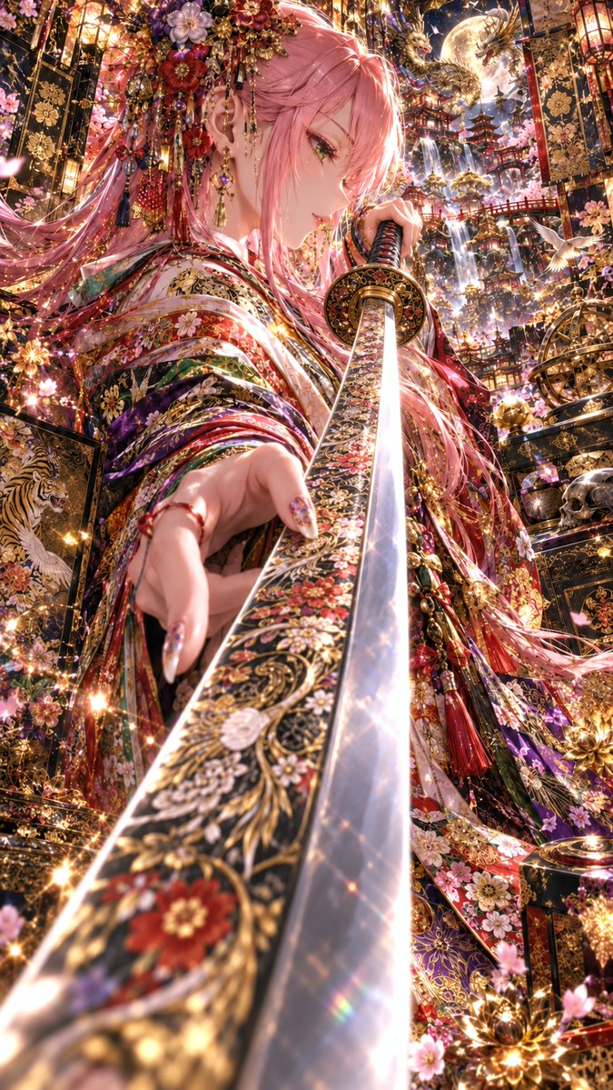 Create an ultra-detailed vertical anime fantasy illustration of exactly one elegant female samurai princess, … - AI提示词参考图，来自西西提示词