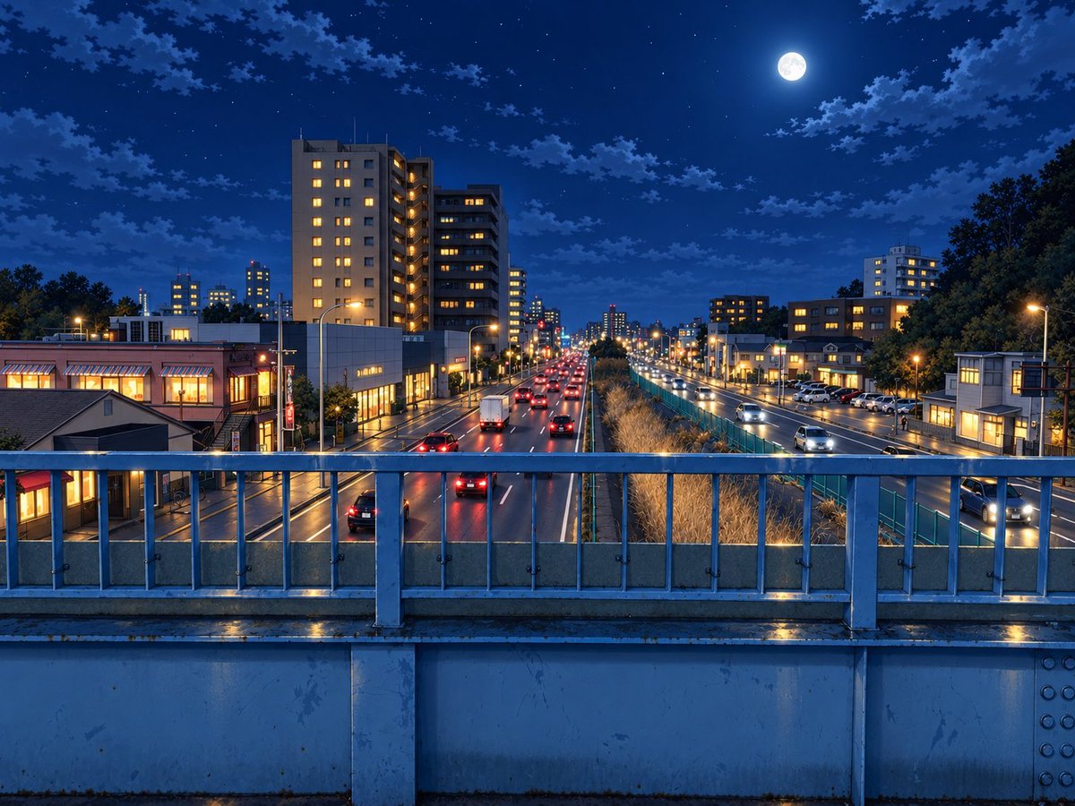 Create a wide 4:3 cinematic night cityscape from the viewpoint of a pedestrian overpass, looking straight dow… - AI提示词参考图，来自西西提示词