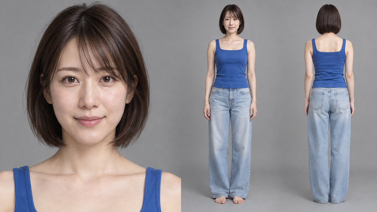 Create a realistic studio model reference sheet of {argument name="model identity" default="a young East Asia… - AI提示词参考图，来自西西提示词