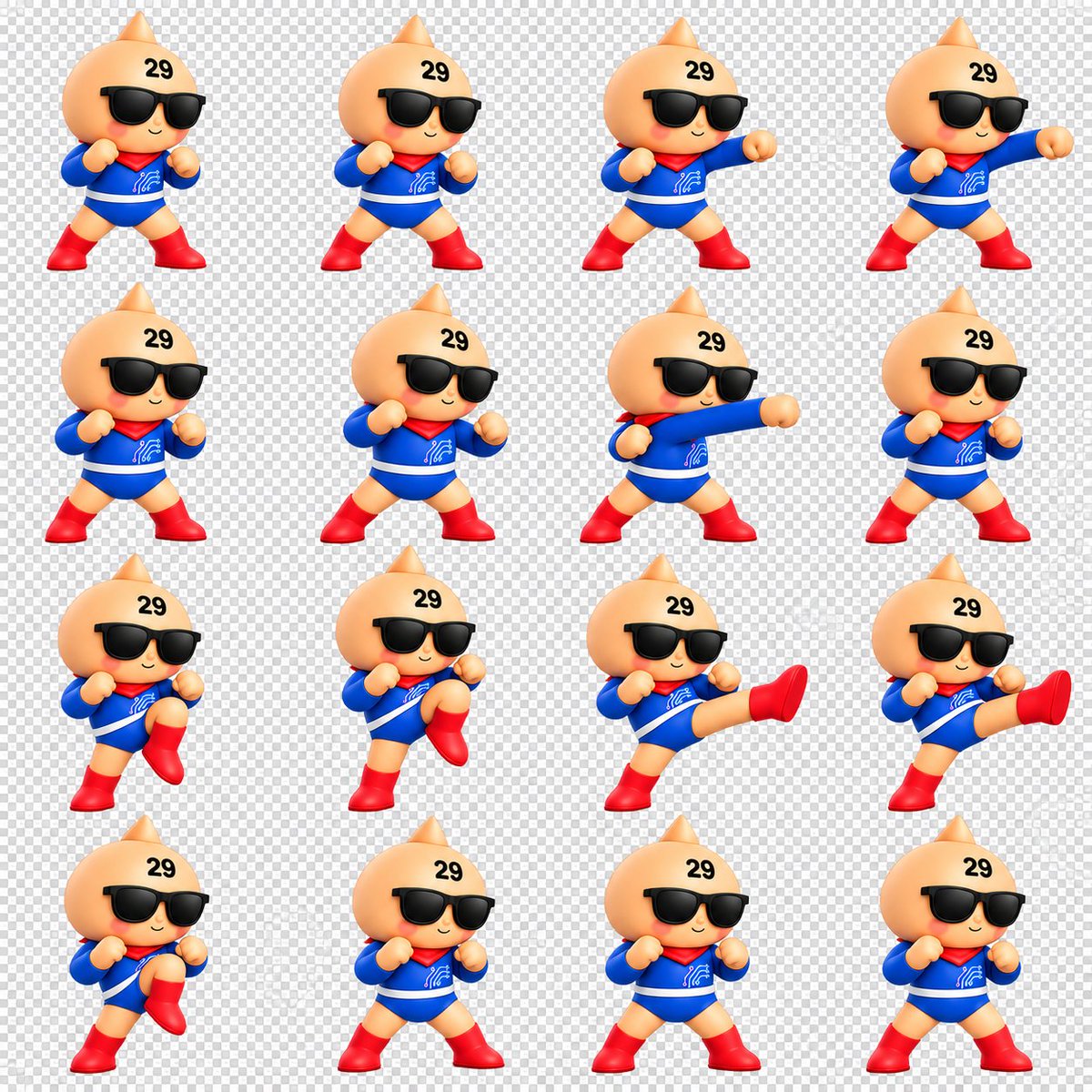 Goal: Create a clean 3D chibi fighting animation sprite sheet for a cute mascot character, suitable for makin… - AI提示词参考图，来自西西提示词