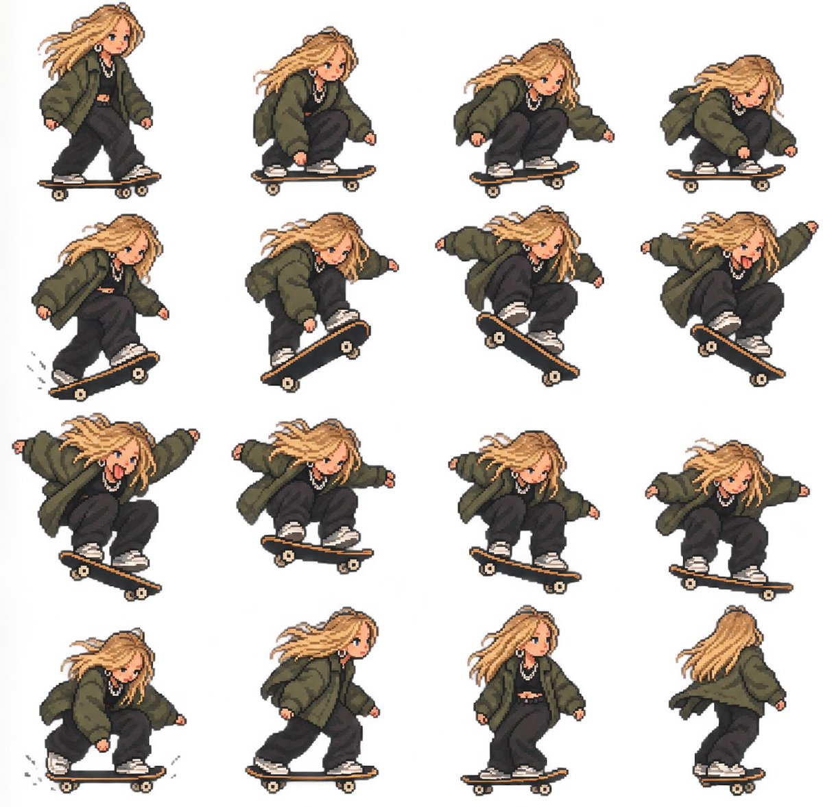 Goal: Create a clean 4x4 pixel-art sprite sheet of {argument name="character name" default="a stylish street … - AI提示词参考图，来自西西提示词