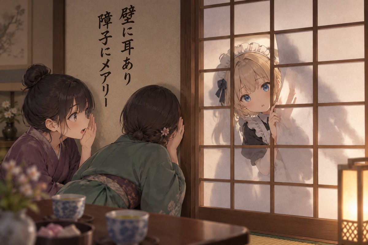 Create a warm cinematic anime illustration set inside a traditional Japanese tatami room at dusk. Show exactl… - AI提示词参考图，来自西西提示词
