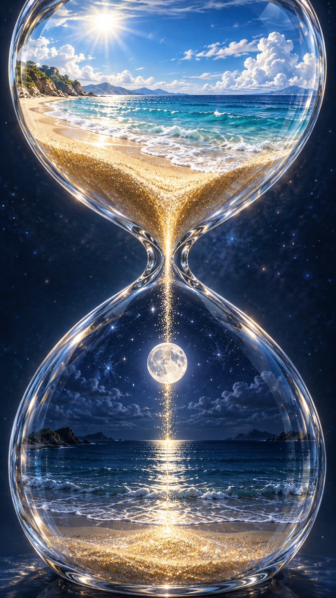 Create a vertical surreal fantasy photorealistic image of a large transparent crystal hourglass floating agai… - AI提示词参考图，来自西西提示词