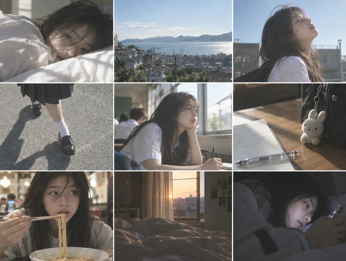 Goal: Create a cinematic 3x3 photo collage showing quiet everyday moments from the life of a Japanese high sc… - AI提示词参考图，来自西西提示词