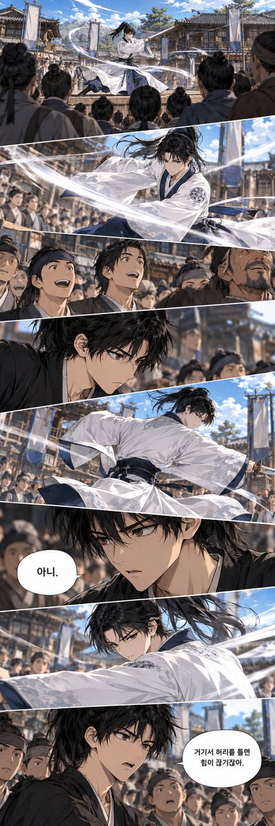 Goal: Create a dramatic vertical Korean webtoon/manhwa action page about {argument name="character name" defa… - AI提示词参考图，来自西西提示词