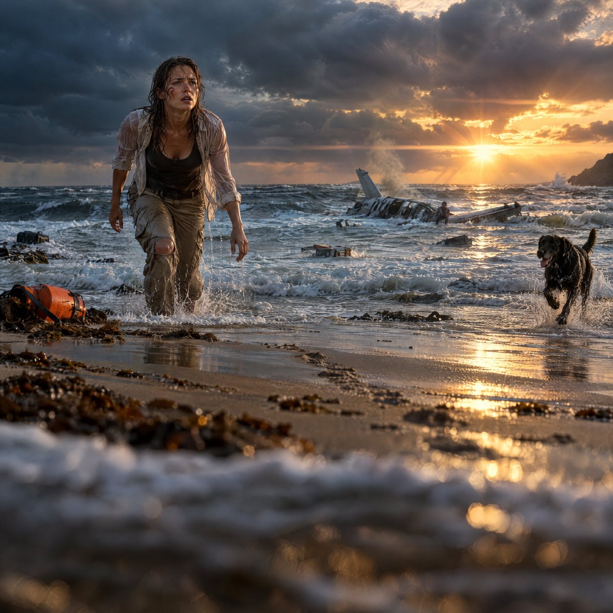 Using the provided reference image as the base, regenerate the same survival-thriller beach scene in a more u… - AI提示词参考图，来自西西提示词