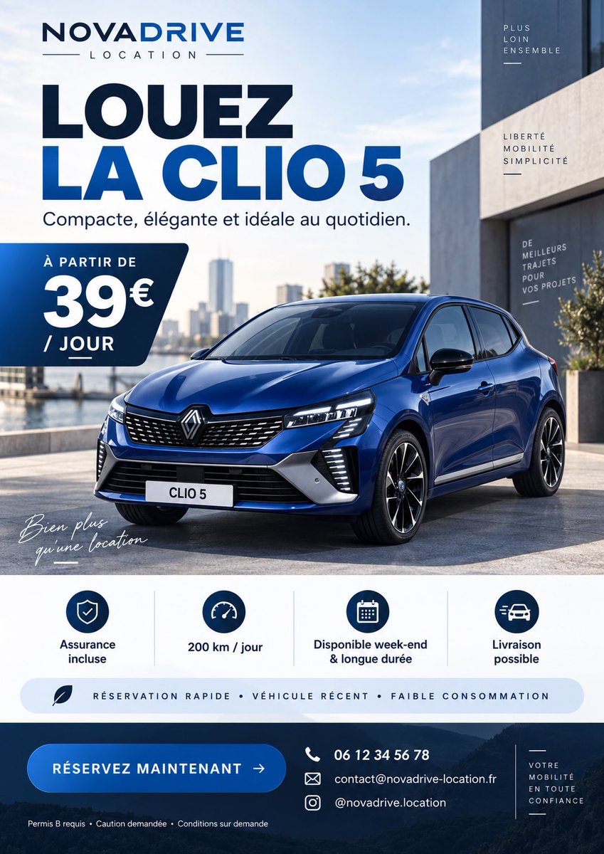 Goal: Create a premium French car rental advertising flyer for {argument name="brand name" default="NOVADRIVE… - AI提示词参考图，来自西西提示词