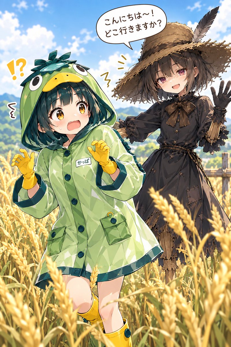 Create a bright vertical anime illustration of two cute girls in a golden wheat field under a vivid blue sky … - AI提示词参考图，来自西西提示词