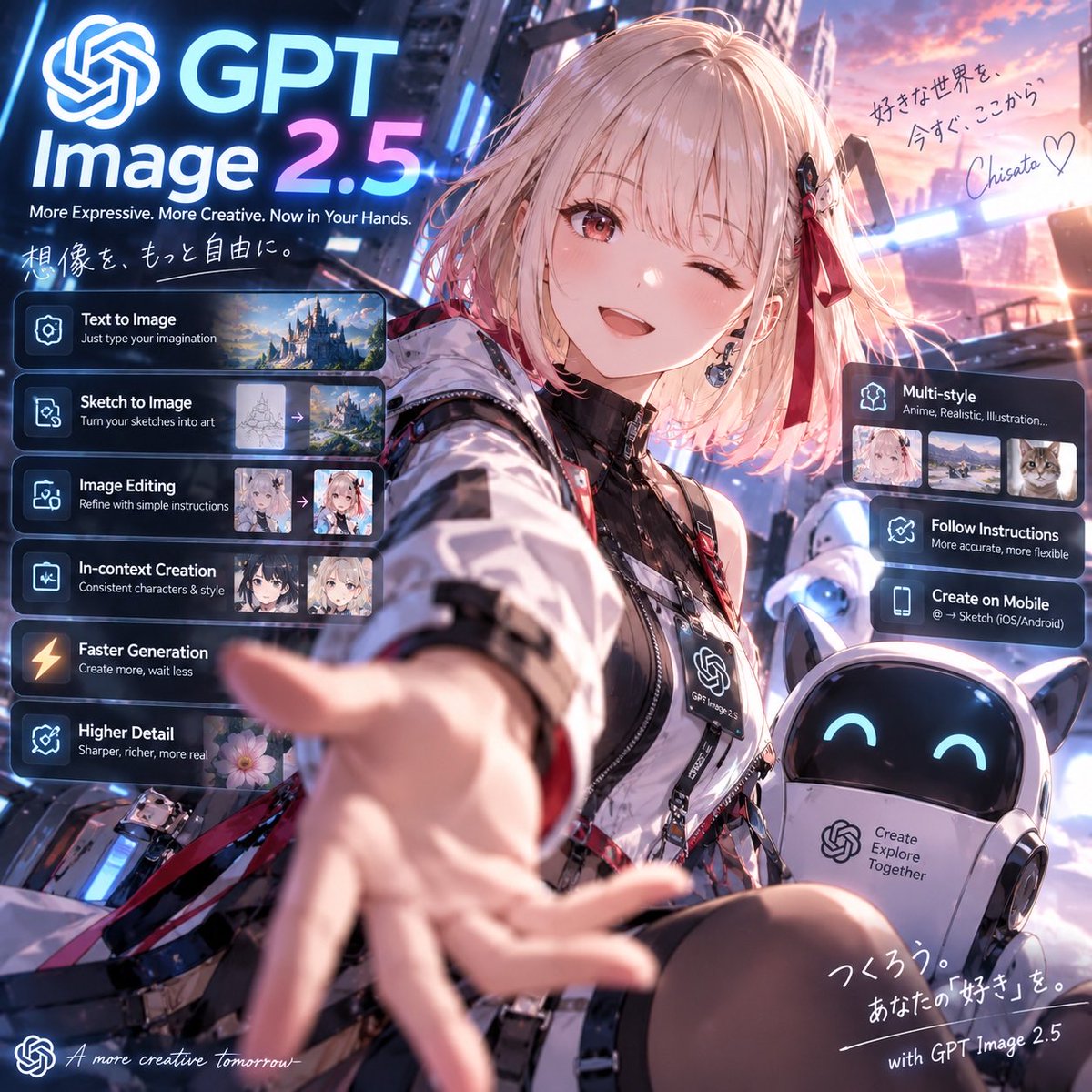 Goal: Create a polished square promotional anime key visual for {argument name="product name" default="GPT Im… - AI提示词参考图，来自西西提示词