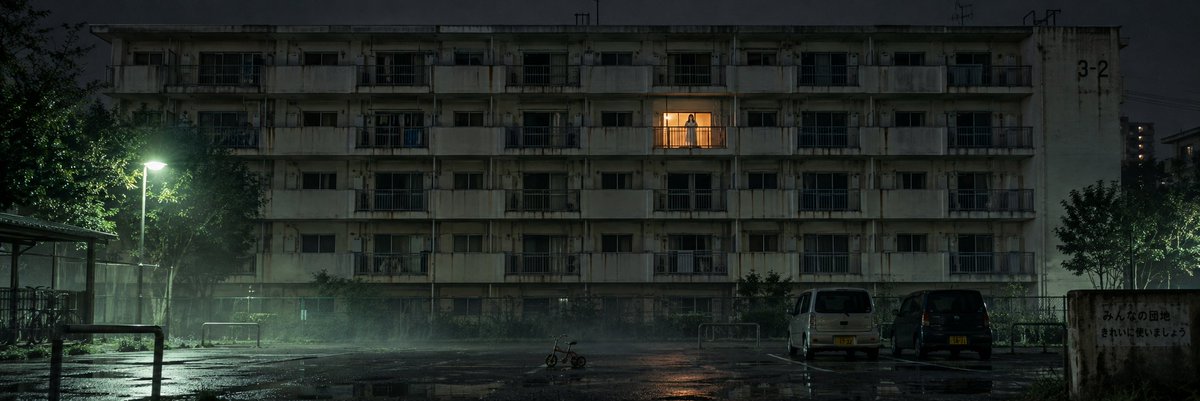 Create a cinematic ultra-wide nighttime exterior shot of an old Japanese public housing apartment block, labe… - AI提示词参考图，来自西西提示词