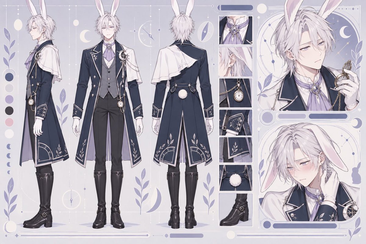 Goal: Create an elegant anime character design sheet for {argument name="character name" default="a handsome … - AI提示词参考图，来自西西提示词