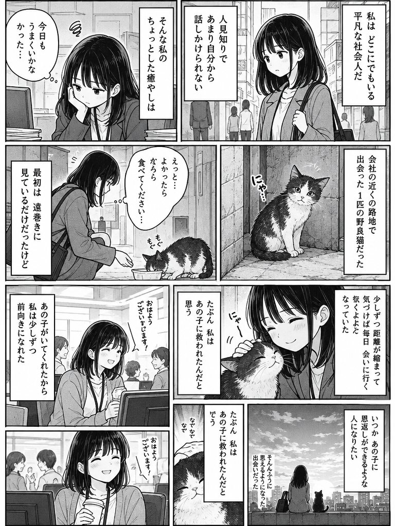 Goal: Create a monochrome Japanese manga page about a quiet office woman gradually opening up after meeting a… - AI提示词参考图，来自西西提示词