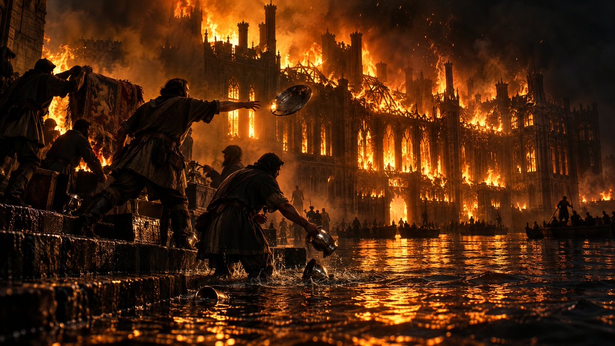 Create a cinematic dark-fantasy disaster scene in ultra-wide 16:9 format: a vast {argument name="building typ… - AI提示词参考图，来自西西提示词