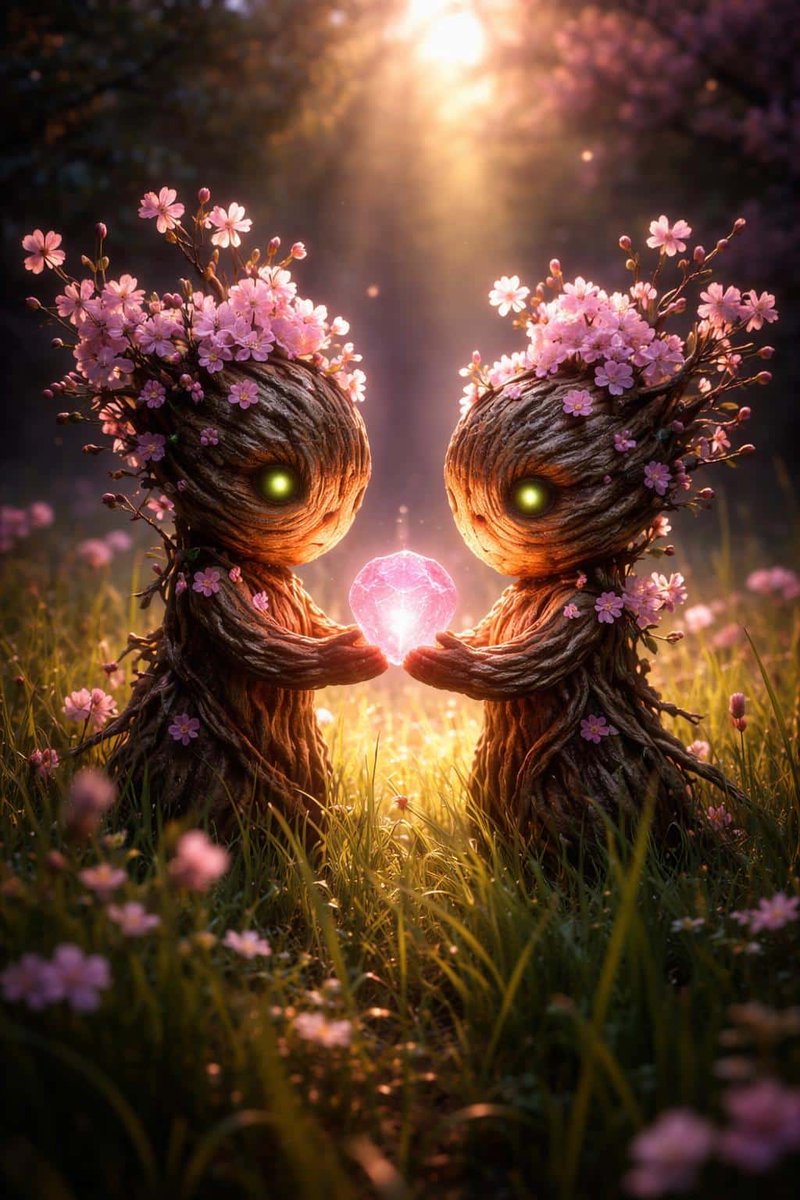 Create a vertical fantasy woodland scene at golden hour featuring exactly two small tree-sprite characters fa… - AI提示词参考图，来自西西提示词
