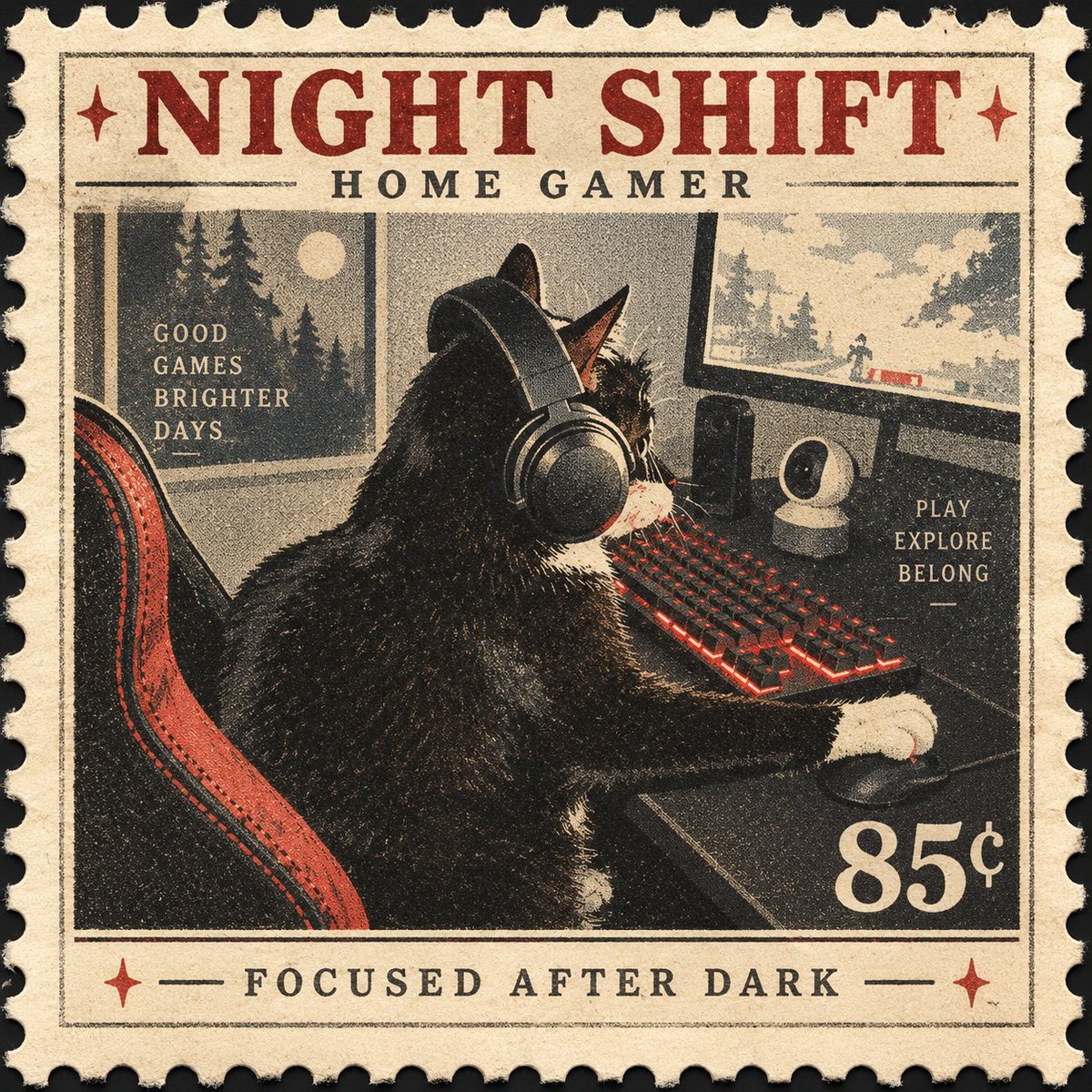 Create a single square 1:1 collectible postage-stamp artwork with a vintage printed-poster aesthetic. The sta… - AI提示词参考图，来自西西提示词