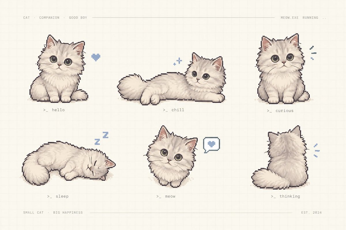 Goal: Create a charming pixel-art character sheet of {argument name="character name" default="a fluffy cream … - AI提示词参考图，来自西西提示词