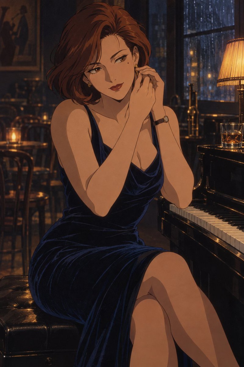 Create a cinematic 1990s anime-style illustration of an elegant adult woman seated on a black tufted piano be… - AI提示词参考图，来自西西提示词