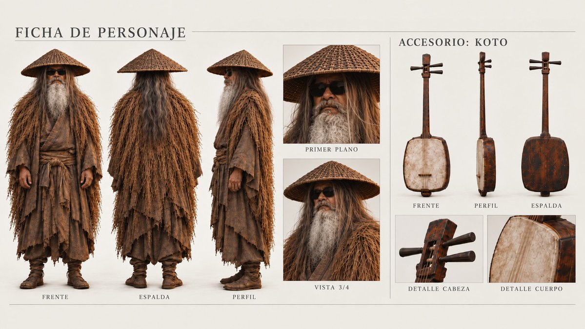 Goal: Create a cinematic character design sheet labeled in Spanish for {argument name="character name" defaul… - AI提示词参考图，来自西西提示词