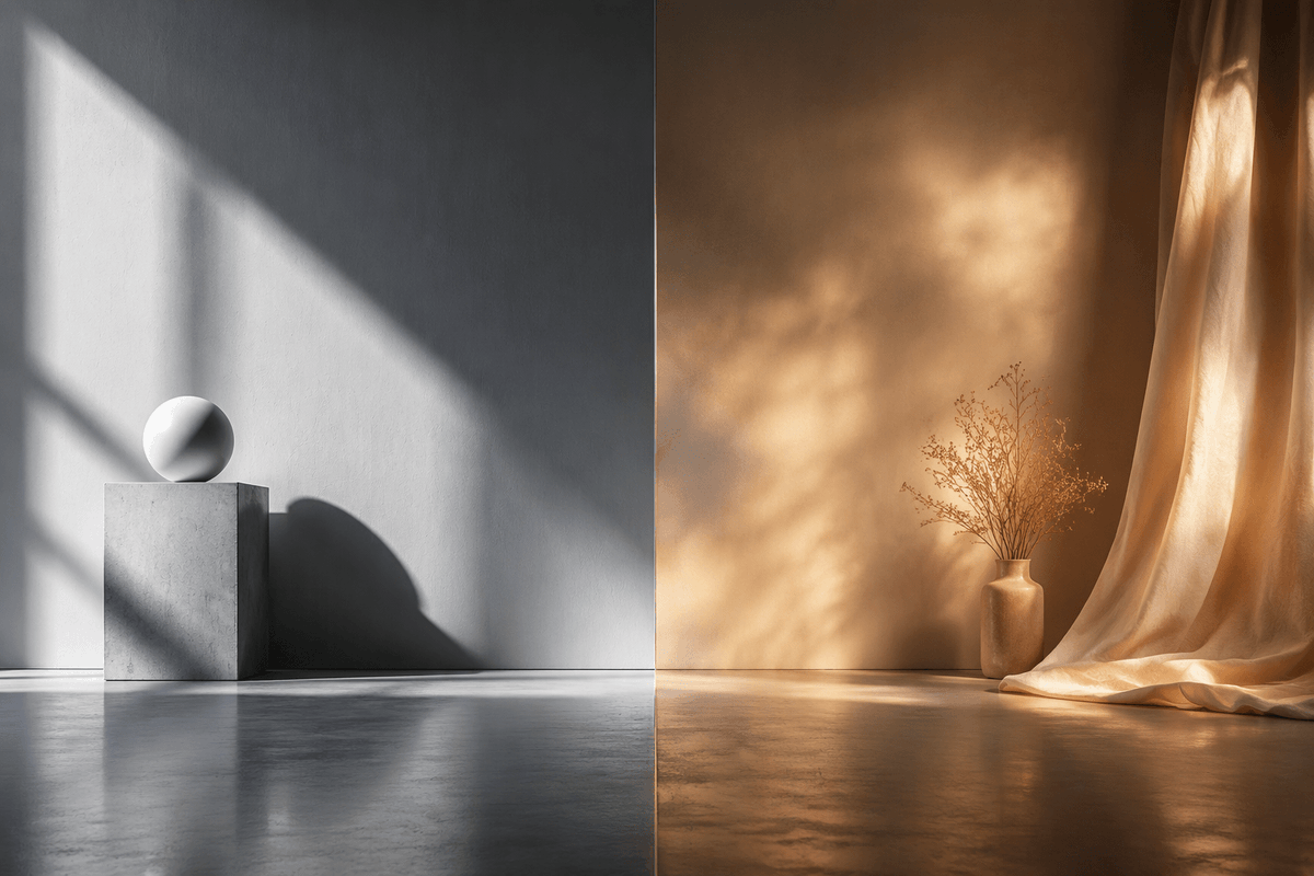 Create a photorealistic cinematic split-screen interior still comparing two lighting moods, divided exactly d… - AI提示词参考图，来自西西提示词