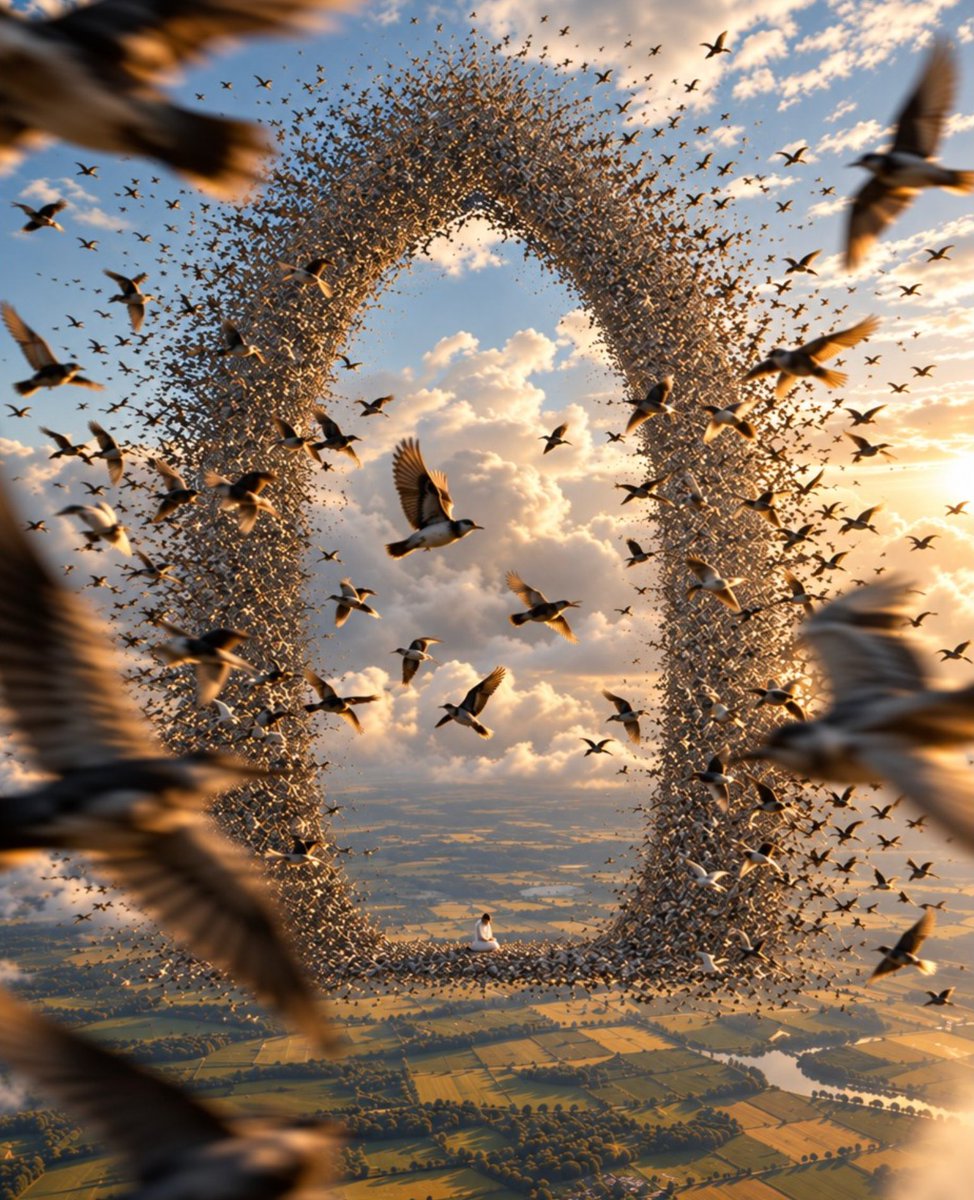 Create a surreal cinematic aerial scene at golden hour: countless small birds form a gigantic vertical oval d… - AI提示词参考图，来自西西提示词